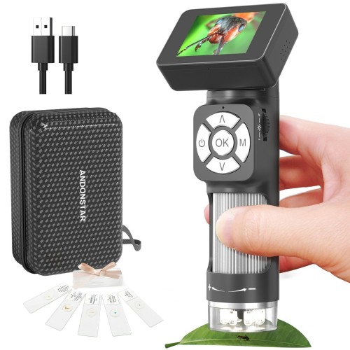 AD112 Portable Pocket 500X Microscope Kit 2-inch LCD Screen Handheld Digital Microscope with 8 Adjustable LED Lights Supports USB Connection to PC for Kids and Adults