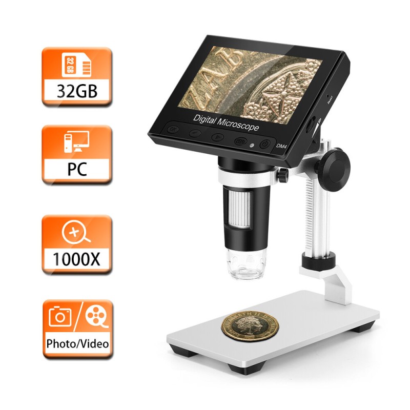 DM4 1000X Digital Microscope 4.3" HD LCD with 32GB Card Metal Bracket Magnifying Loupe Camera Lens 2MP Adjustable LED Microscope