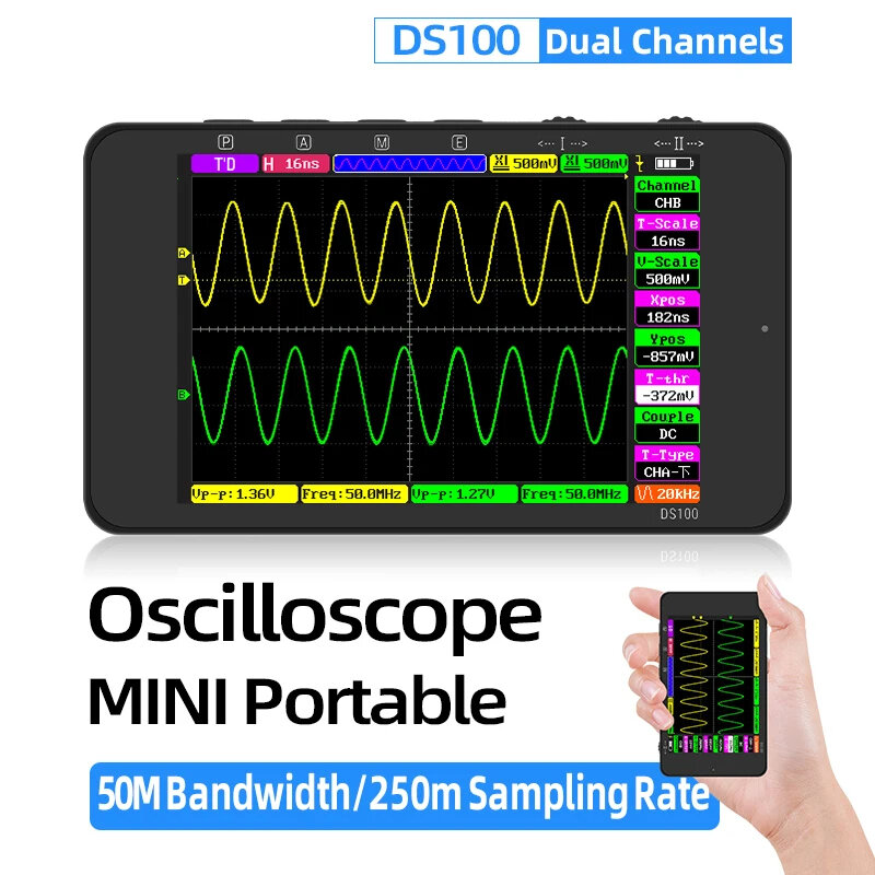 DS100 Digital Oscilloscope Portable Multifunction Electronic Coordinator Tester 250Msa/s Sampling Rate 50M Bandwidth ±400V Measure Range 3.5-inch HD LCD Display Long-lasting 2000mAh Battery