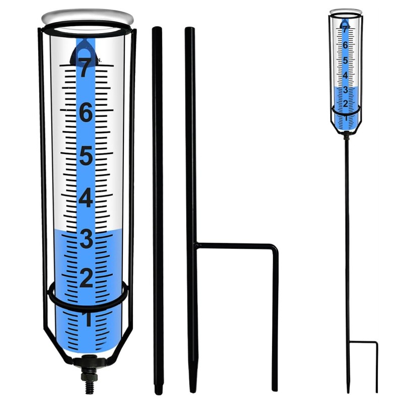 Freeze-Proof Outdoor Rain Gauge Adjustable Height Sturdy Stake Large Clear Numbers Easy Read with Blue Strip Technology Rust-Resistant Metal Stake Ideal for Gardens Lawns Patios - Accurate Weather Monitoring Tool