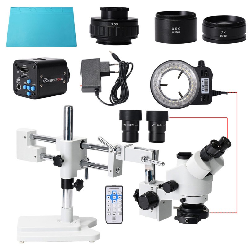 MUSTOOL 3.5X 90X  Simul-Focal Double Boom Stand Trinocular Stereo Zoom Stereo Microscope 24MP 4K HDMI-compatible Camera 56 LED Light Microscopie