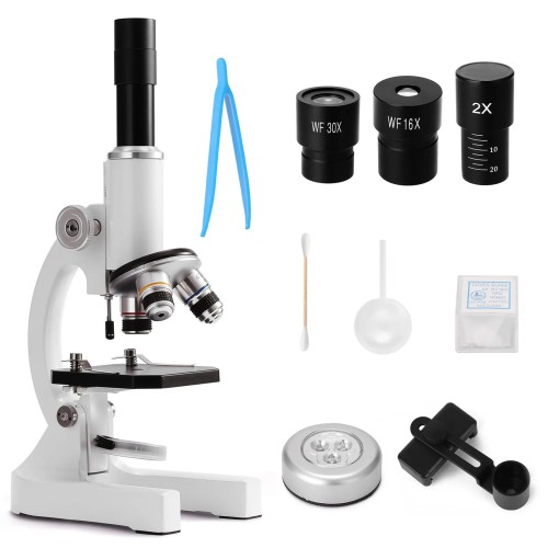 Monocular Digital Optical Microscope 64X-2400X with Adjustable Zoom Phone Holder Design Fill Light Complete Experimental Equipment for Science Education Biology Experiment