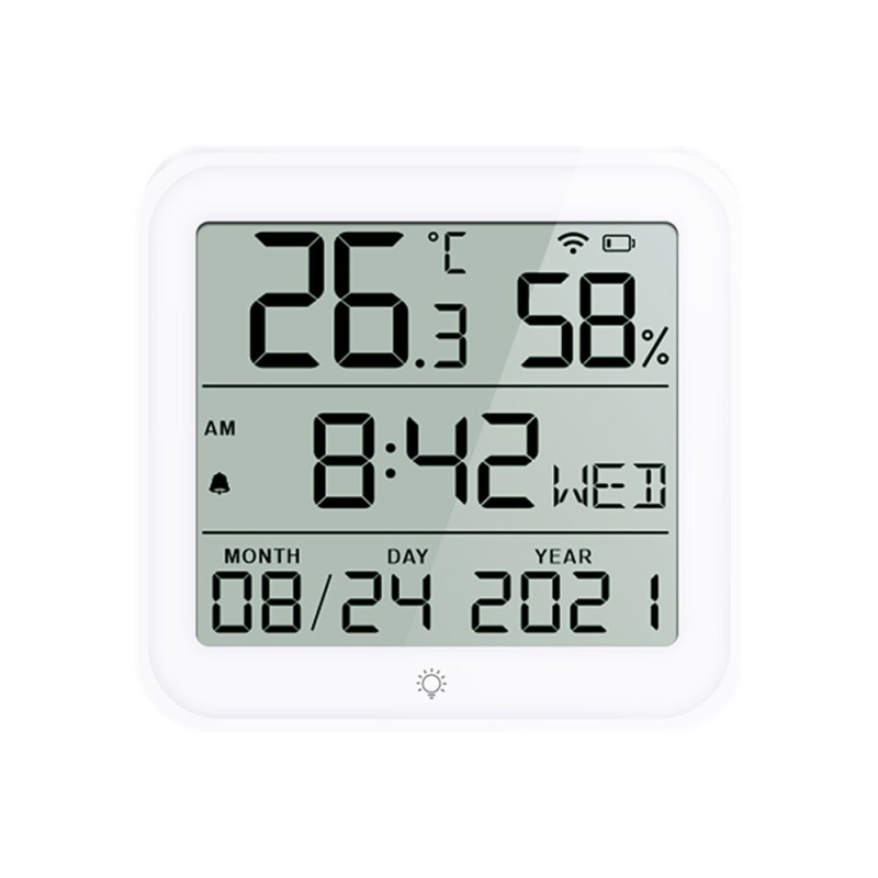 WiFi Connected LCD Display Temperature and Humidity Monitor with Multi-Function Clock and Alarm Features Supports Celsius and Fahrenheit Long Standby Time Ideal for Indoor Environment Monitoring