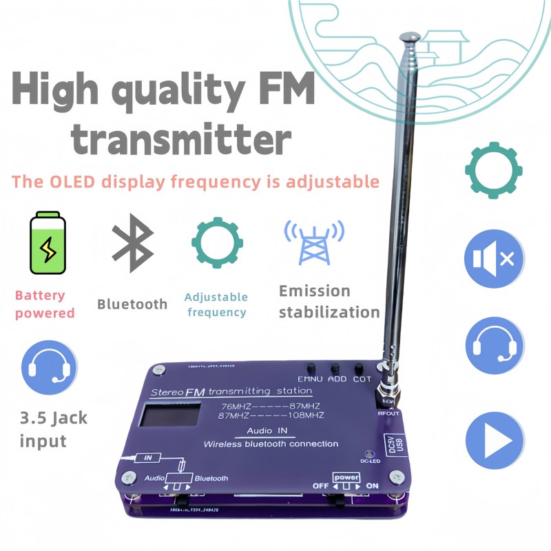 bluetooth-Enabled FM Transmitter and Receiver Adjustable 76-108MHZ Frequency Rechargeable Lithium Battery 100 Meters Transmission Range for Clear Lossless Wireless Audio Experience