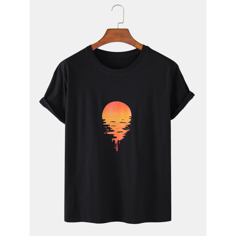 100% Cotton Design Sunset Print Round Neck Short Sleeve Loose T-Shirts