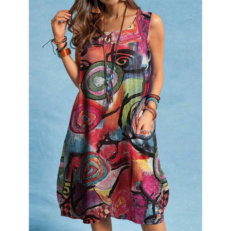 Abstract Painted Button Pocket Sleeveless Casual Midi Dress