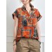 Abstract Painted Letter Plaid Short Sleeve Casual Blouse