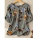 Casual Flower Print Button Front Short Sleeve Crew Neck Blouse