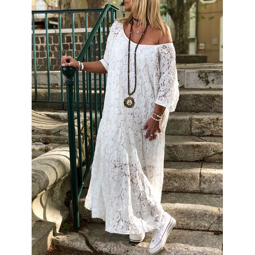 Cold Shoulder Lace Croceht Long Maxi Hollow Out Dress For Women