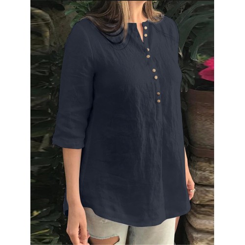 Cotton Solid Button Ruched High-Low Hem Casual Blouse