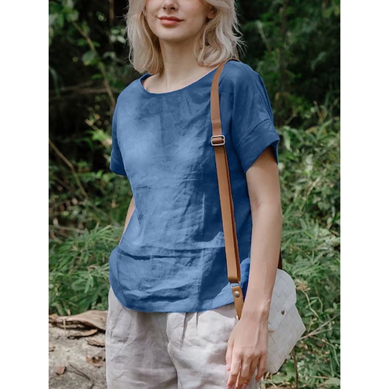 Cotton Solid Round Neck Short Sleeve Casual Blouse