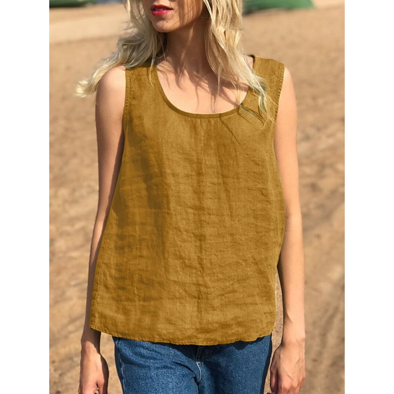 Cotton Solid Round Neck Sleeveless Casual Tank Top