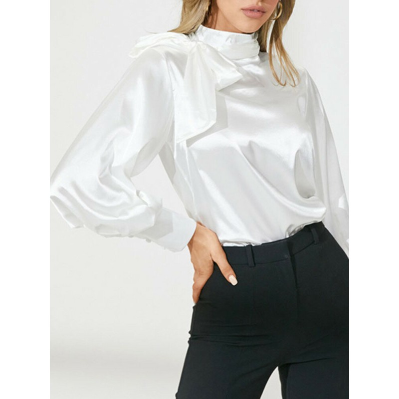 Long Sleeve Stand Collar Casual Leisure Solid Blouse For Women