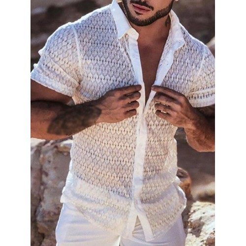 Men Lace Floral See Through Short Sleeve Lapel Collar Shirt