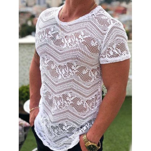 Men Lace See Through Crew Neck Short Sleeve T-Shirt