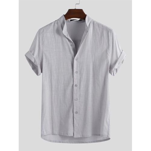 Men Linen Loose Casual Collarless Tops Holiday Casual Shirts