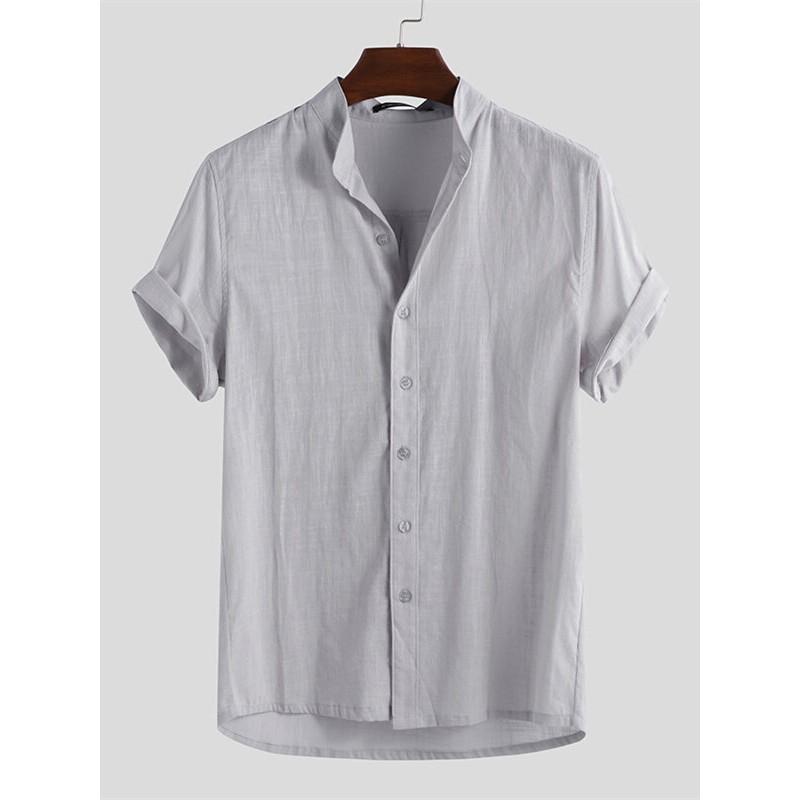 Men Linen Loose Casual Collarless Tops Holiday Casual Shirts