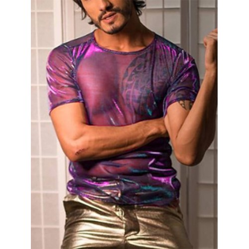 Men Shiny Shimmer Sheer Mesh See Through Short Sleeve T-Shirt