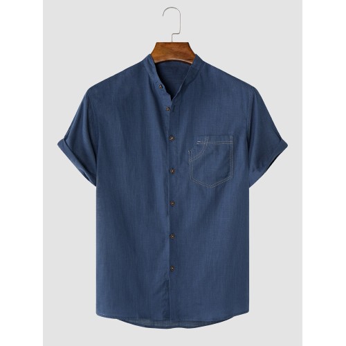 Men Solid Color Denim Front Button Cuff Hem Stand Collar Casual Shirts