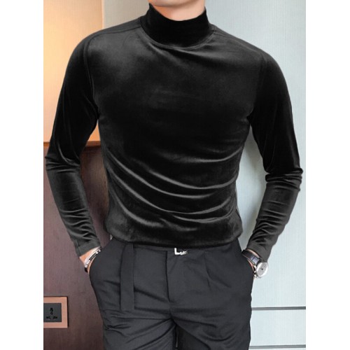 Men Solid High Neck Velvet Long Sleeve T-Shirt