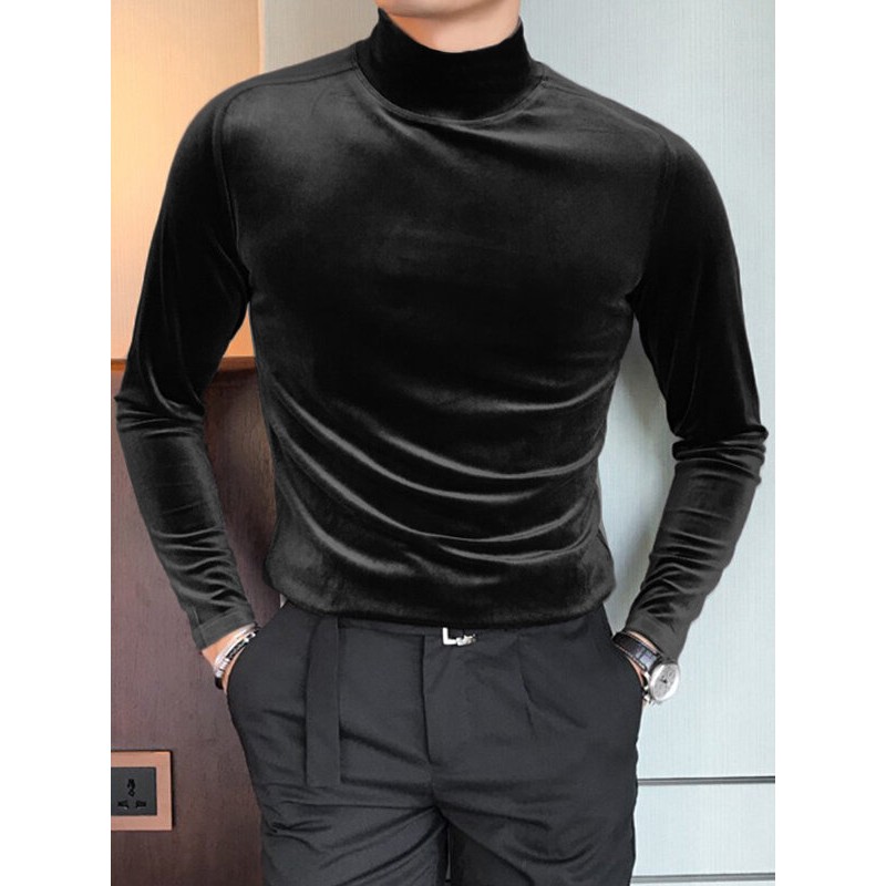 Men Solid High Neck Velvet Long Sleeve T-Shirt