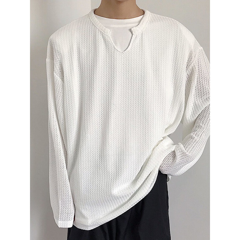 Men Solid Notched Neck Knit Casual Long Sleeve T-Shirt