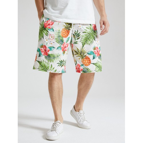 Mens All Over Pineapple Floral Print Holiday Drawstring Short