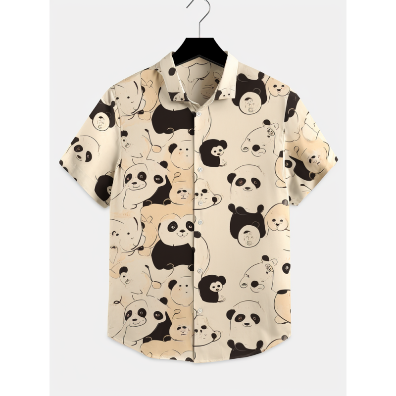 Mens Allover Cartoon Animal Print Lapel Short Sleeve Shirts