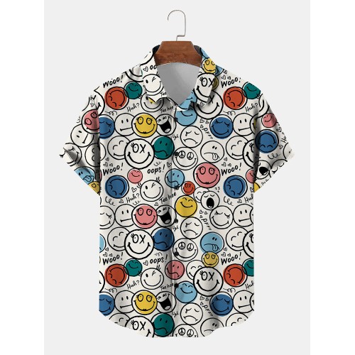 Mens Allover Cartoon Smile Face Print Lapel Short Sleeve Shirts