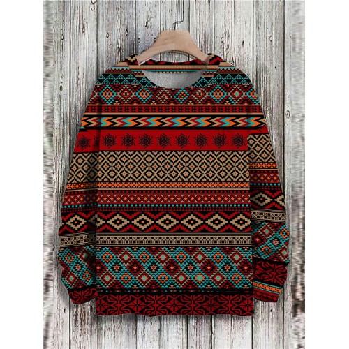 Mens Allover Ethnic Geometric Print Crew Neck Pullover Sweatshirts