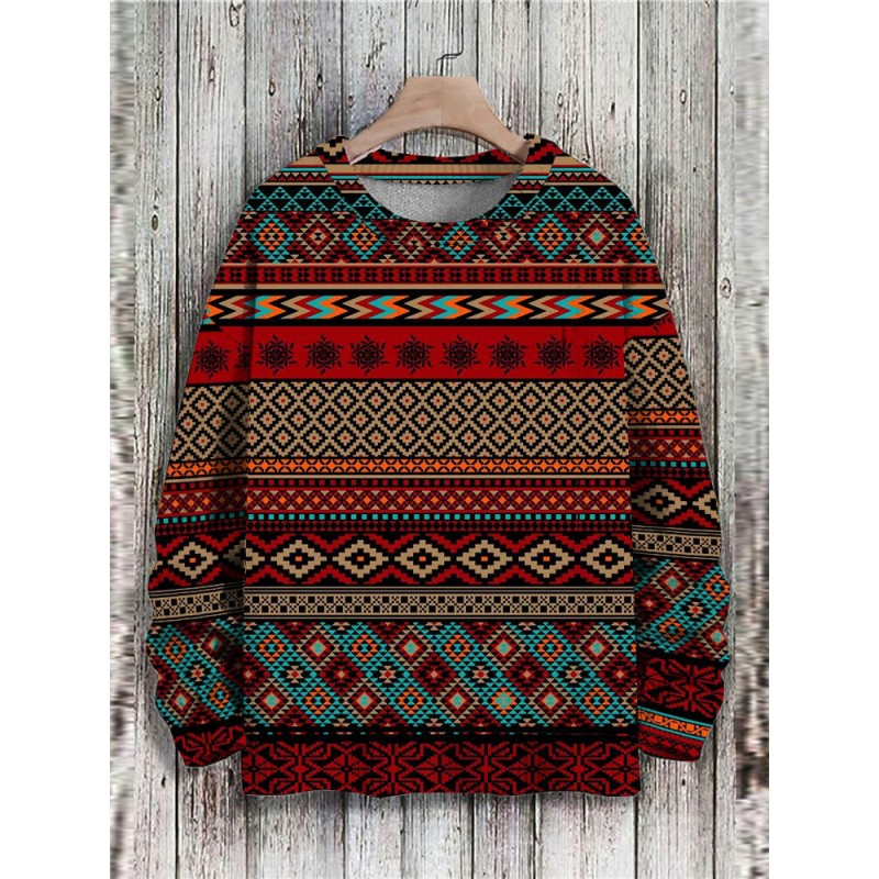 Mens Allover Ethnic Geometric Print Crew Neck Pullover Sweatshirts