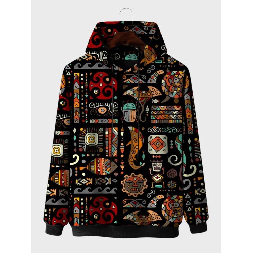 Mens Allover Ethnic Geometric Print Long Sleeve Drawstring Hoodies