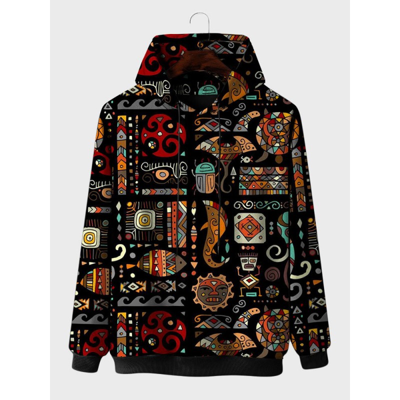 Mens Allover Ethnic Geometric Print Long Sleeve Drawstring Hoodies