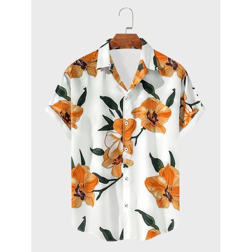 Mens Allover Floral Print Button Up Vacation Short Sleeve Shirts