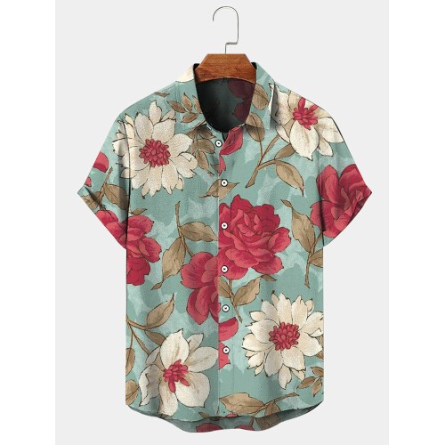 Mens Allover Floral Print Lapel Hawaiian Vacation Short Sleeve Shirts