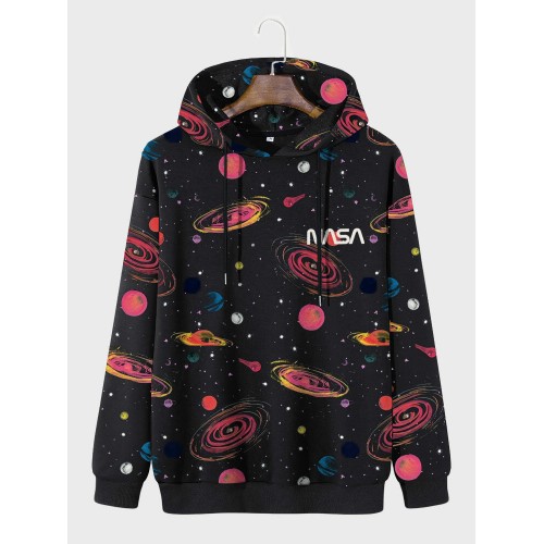 Mens Allover Galaxy Planet Print Long Sleeve Drawstring Hoodies