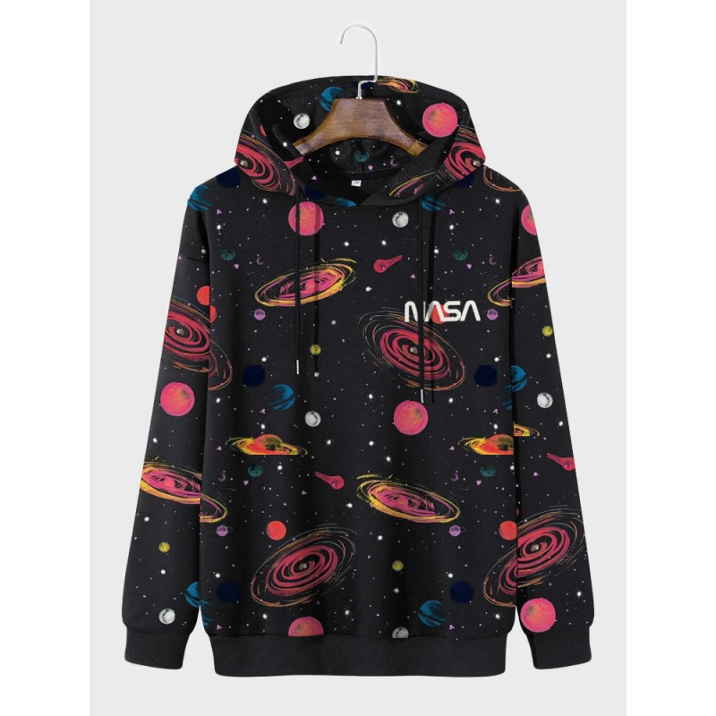 Mens Allover Galaxy Planet Print Long Sleeve Drawstring Hoodies