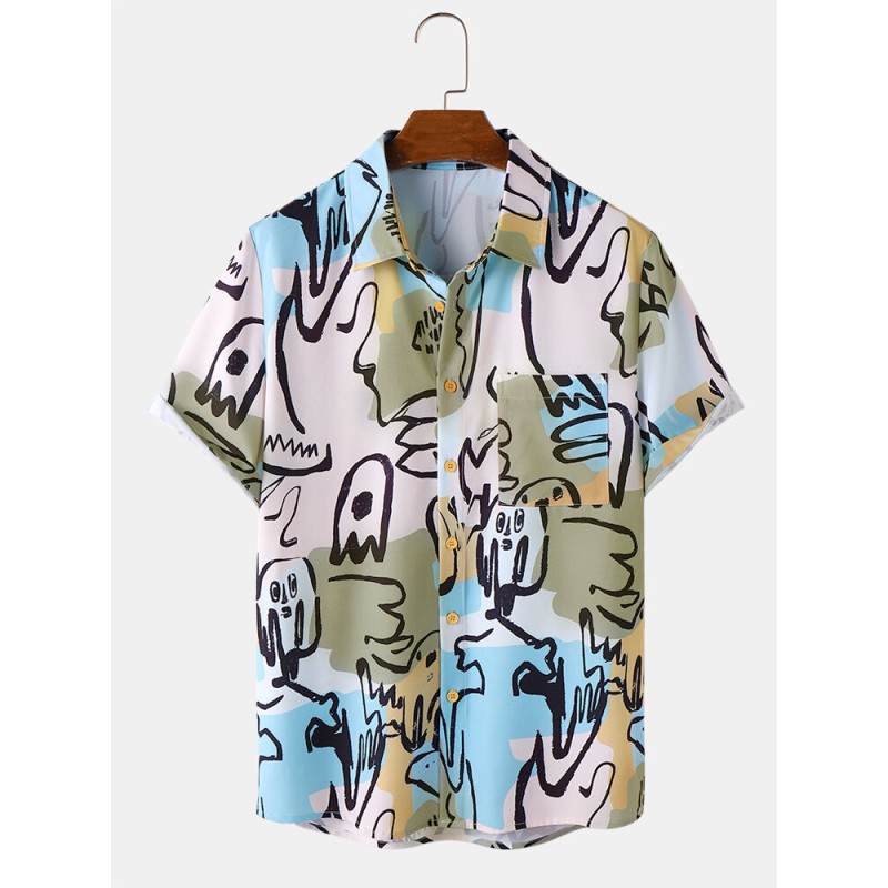 Mens Allover Graffiti Color Block Print Pocket Short Sleeve Shirts