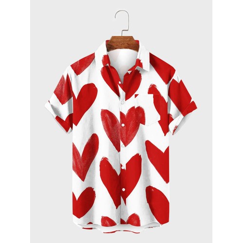 Mens Allover Heart Print Lapel Casual Short Sleeve Shirts