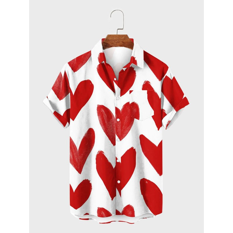 Mens Allover Heart Print Lapel Casual Short Sleeve Shirts