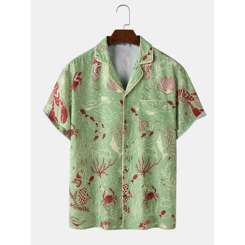 Mens Allover Marine Life Print Revere Collar Short Sleeve Shirts