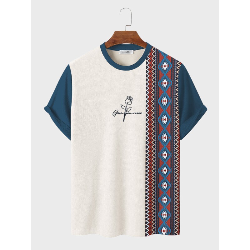 Mens Argyle Rose Print Crew Neck Ethnic Short Sleeve T-Shirts