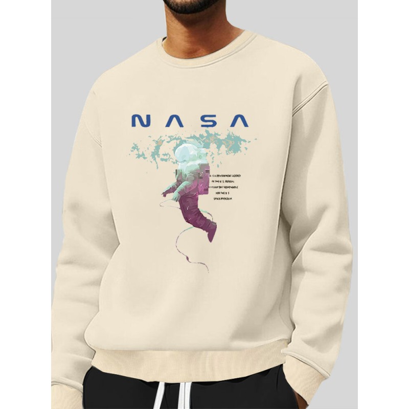 Mens Astronaut Letter Print Crew Neck Pullover Sweatshirts