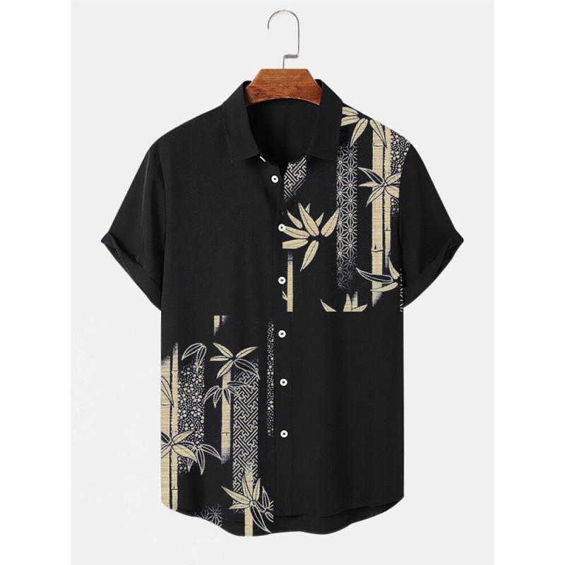 Mens Bamboo Print Lapel Button Up Short Sleeve Shirts