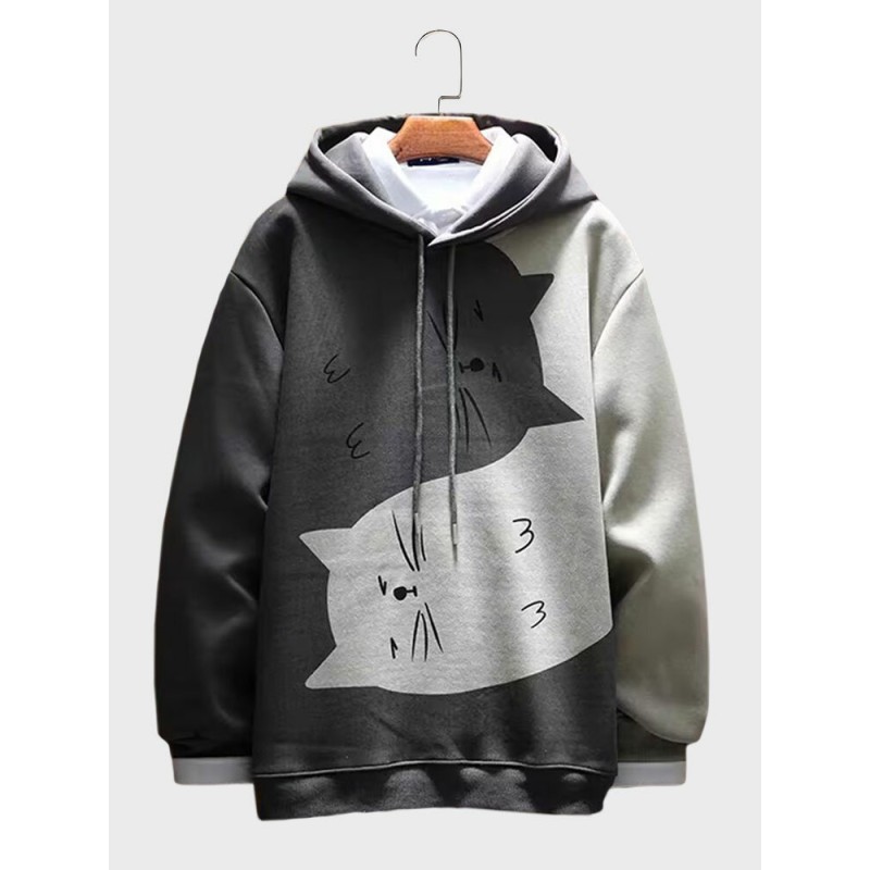 Mens Cartoon Cat Print Patchwork Loose Drawstring Hoodies