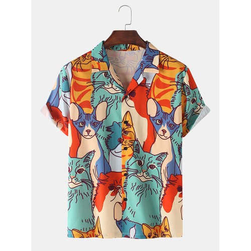 Mens Cartoon Cat Print Revere Collar Short Sleeve Casual Shirts