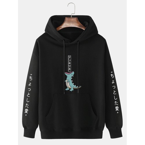 Mens Cartoon Dinosaur Japanese Sleeve Print Daily Drawstring Hoodies