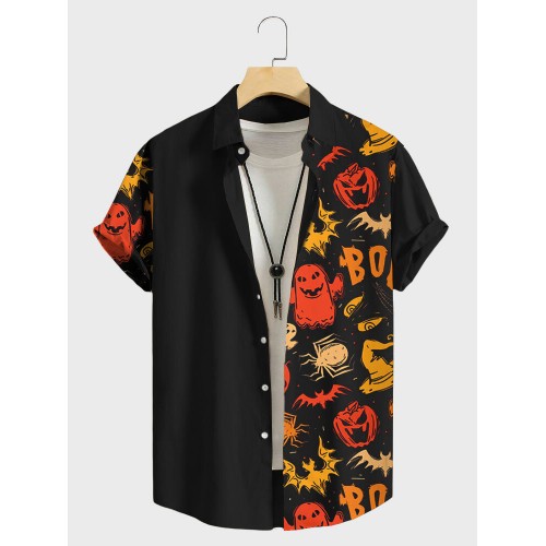 Mens Cartoon Ghost Print Patchwork Halloween Short Sleeve Shirts