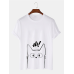 Mens Cartoon Line Cat Print Crew Neck Short Sleeve T-Shirts