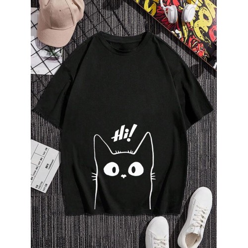 Mens Cartoon Line Cat Print Crew Neck Short Sleeve T-Shirts